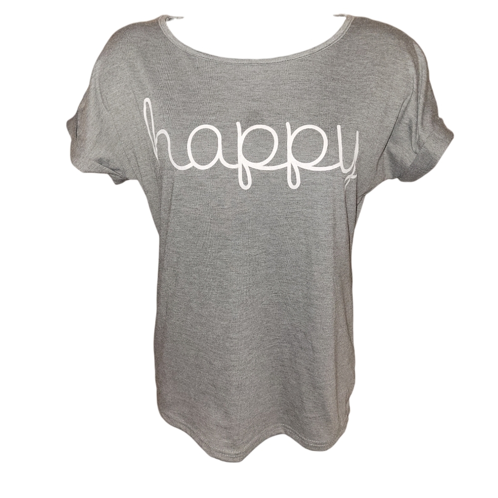 HAPPY Cuff Sleeve Heather Gray Tee T Shirt sz M